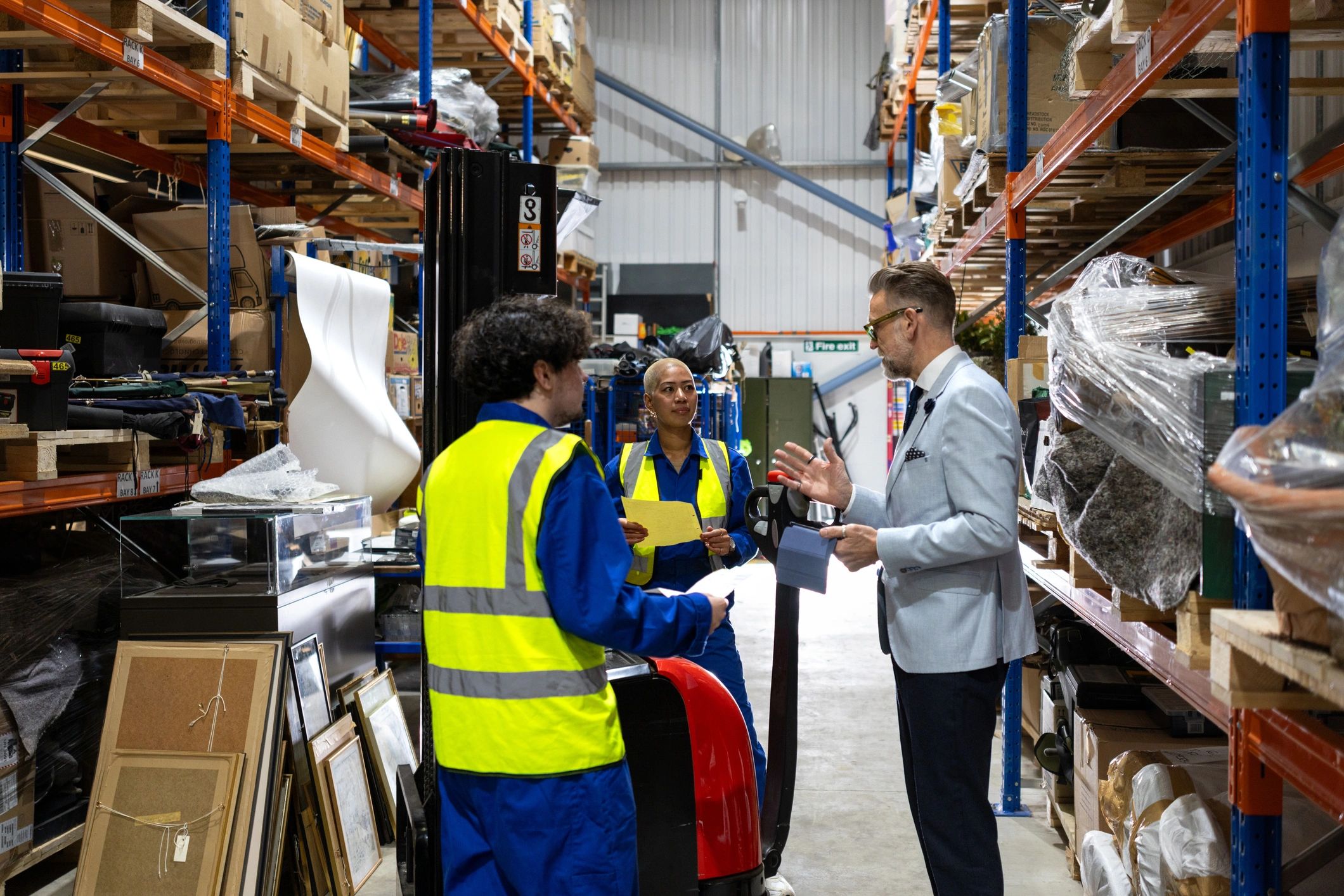 Logistics workers coordinating activity in a warehouse