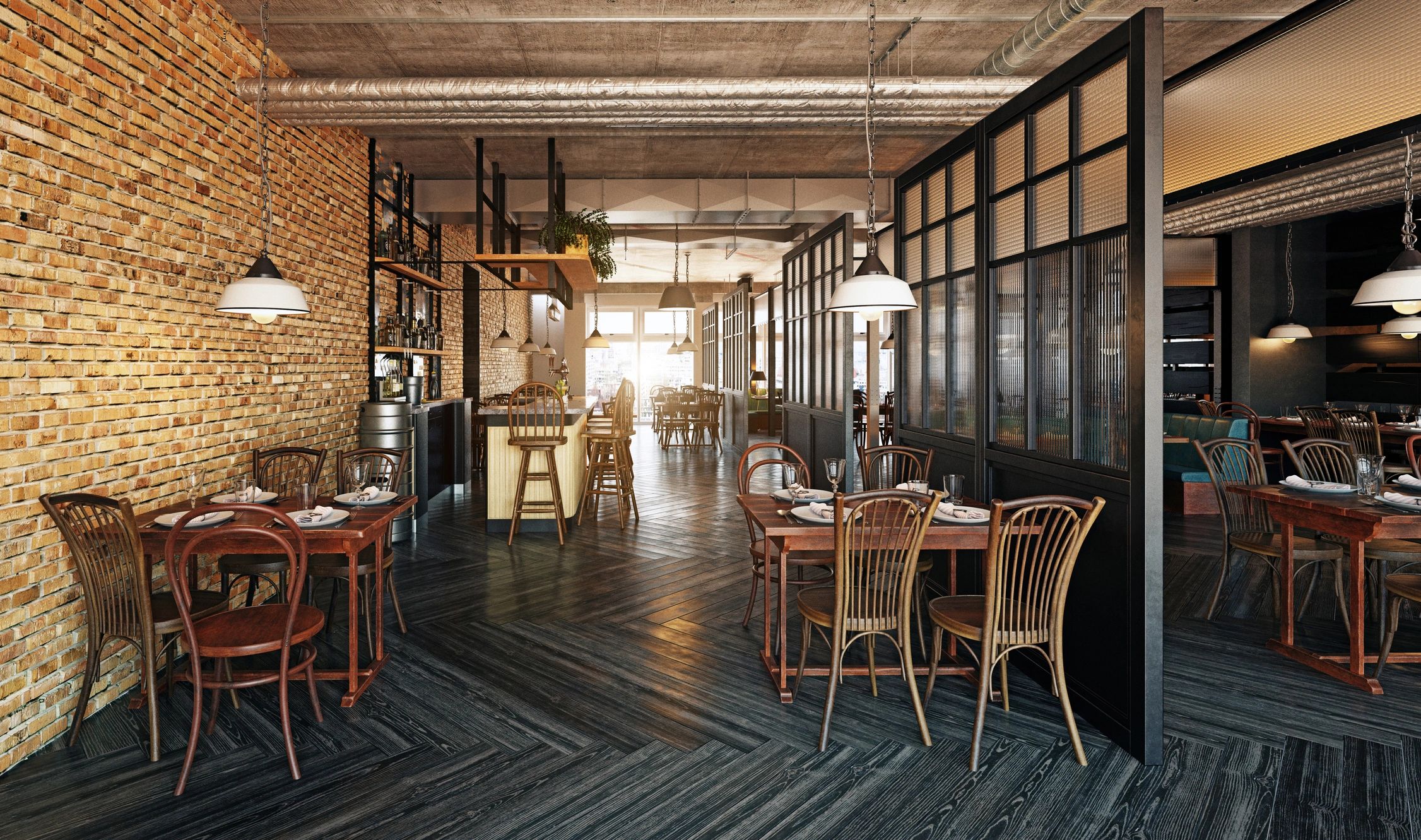 Upscale hospitality venue interior with bar and seating