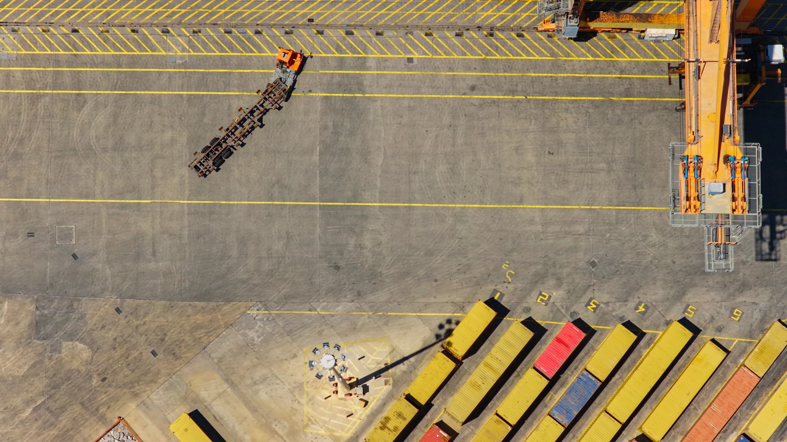 Aerial view of busy shipping port terminal